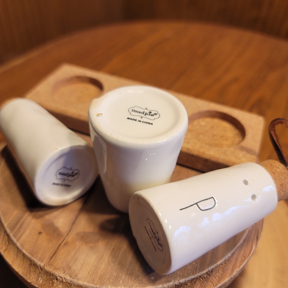Mud Pie Ceramic Salt Pepper Shakers & Toothpick Holder With Cork Tray - Picture 5 of 12